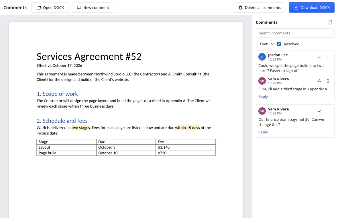 Add comments to a document — a contract with two comment threads, one with a reply, in the Comments pane