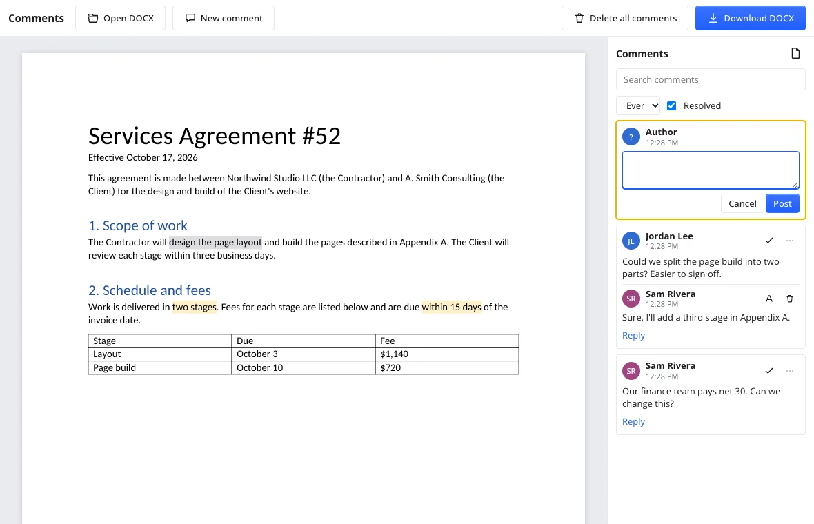 Writing a new comment next to selected words — the comment field is open in the pane