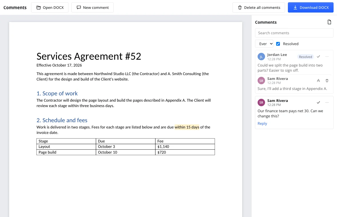 A resolved thread with the Everyone and Resolved filters in the Comments pane