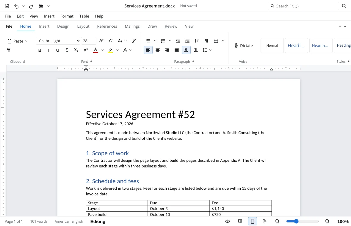 The Zotu Documents editor with a contract open, the ribbon and the ruler