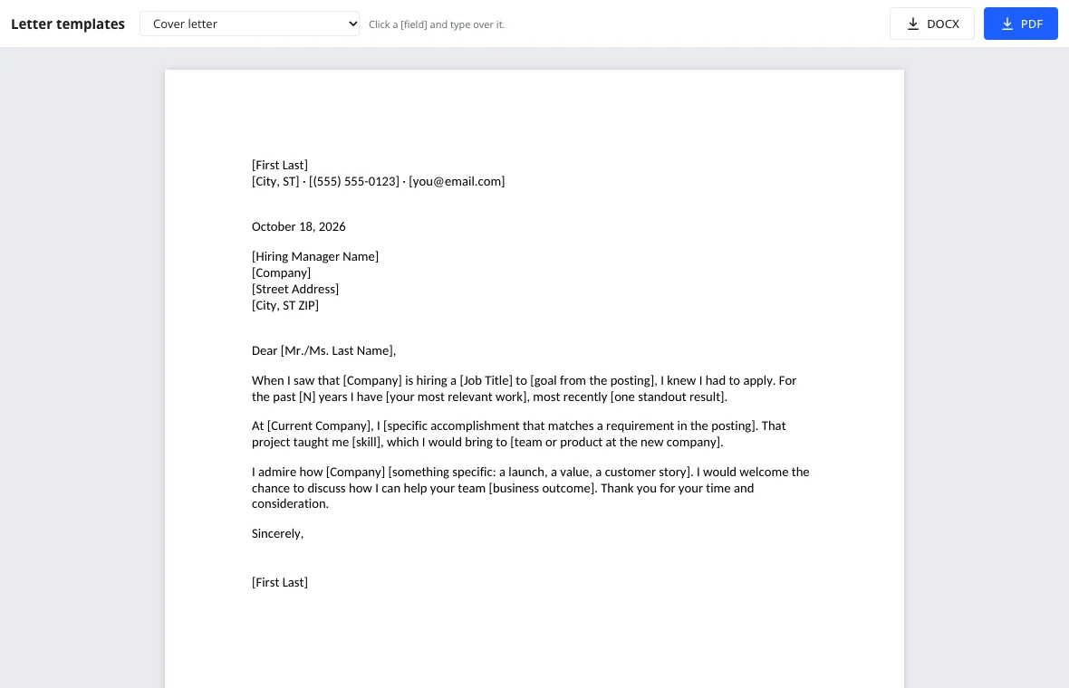 Letter template picker with cover, business and resignation letters