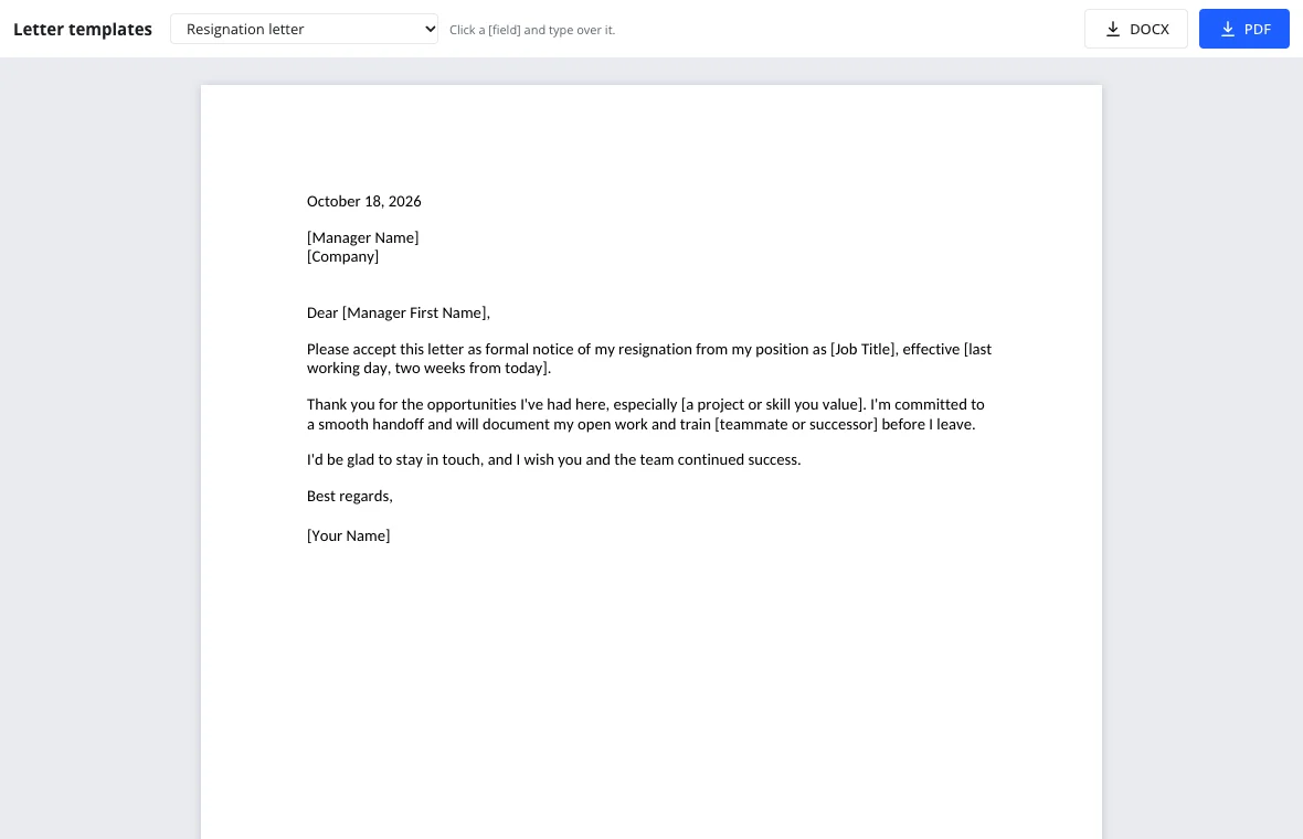 Cover letter template being filled in online