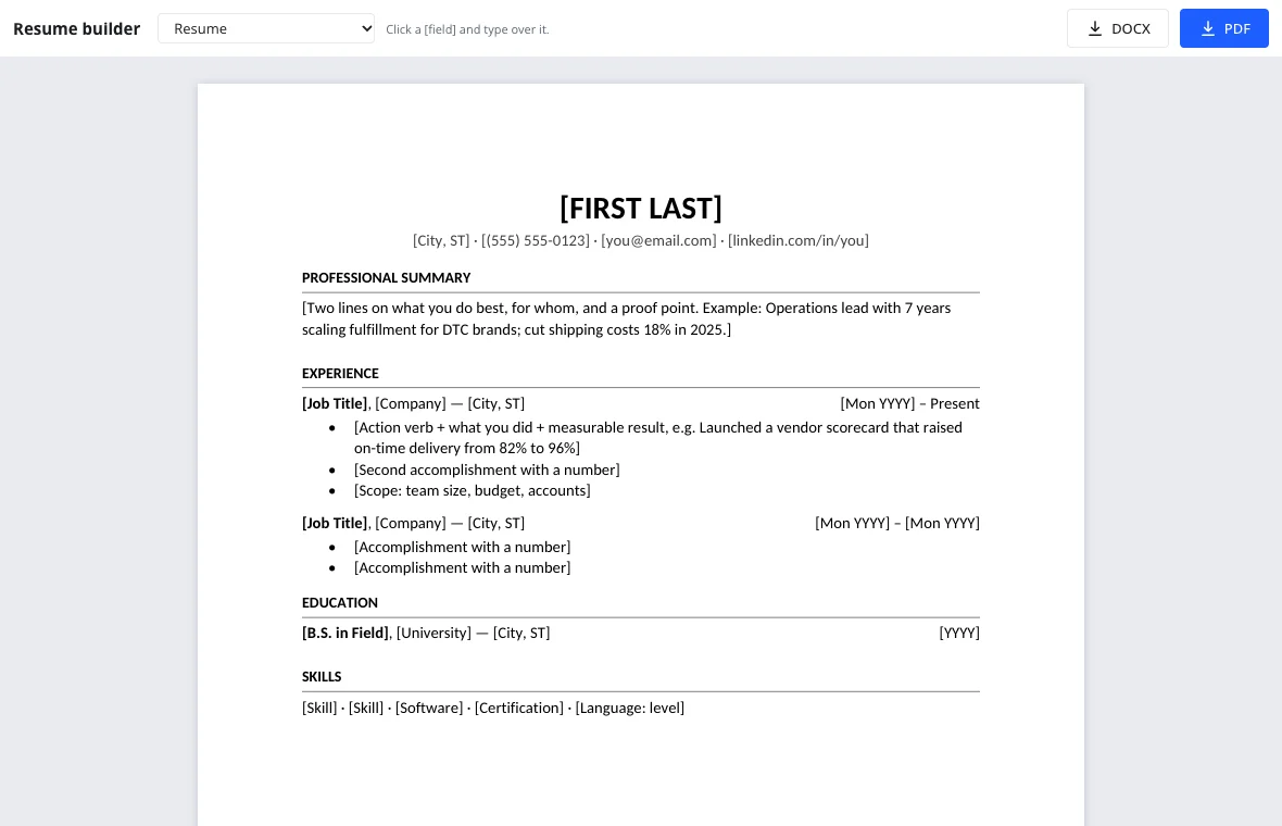 Resume template picker in the resume builder