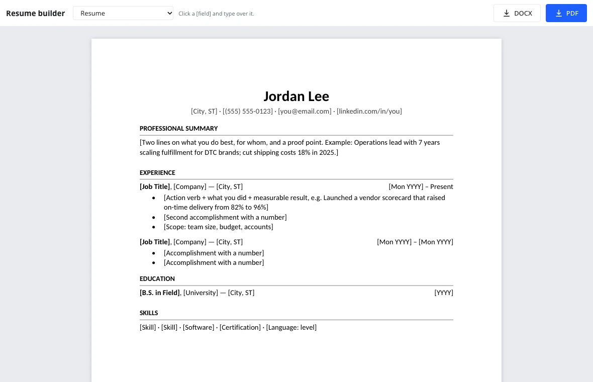 Filling in a resume template online with bracketed fields
