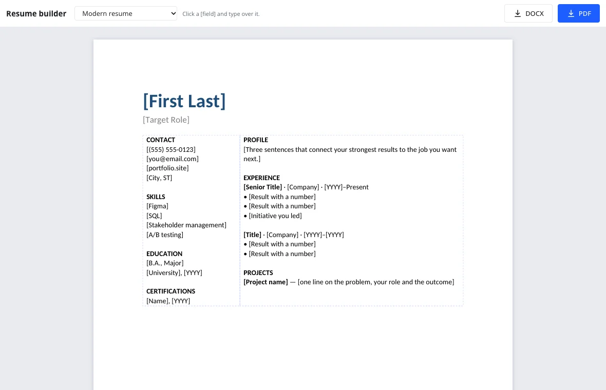 Download the finished resume as DOCX or PDF