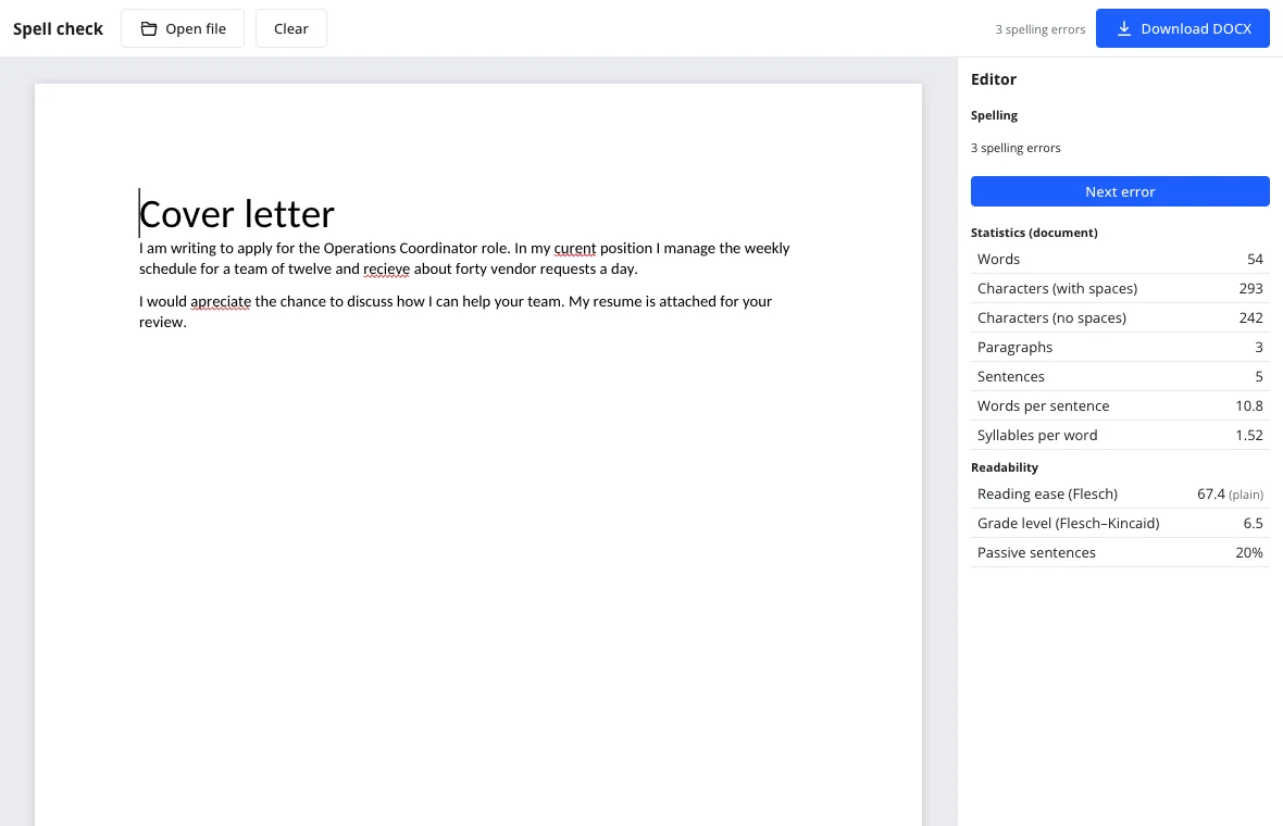 Spell check online — pasted text with red underlines and the error count