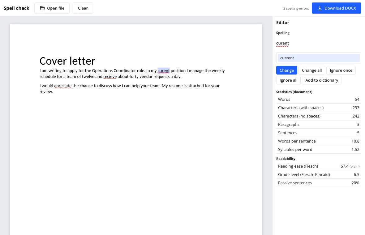 Editor pane with suggestions for one misspelled word