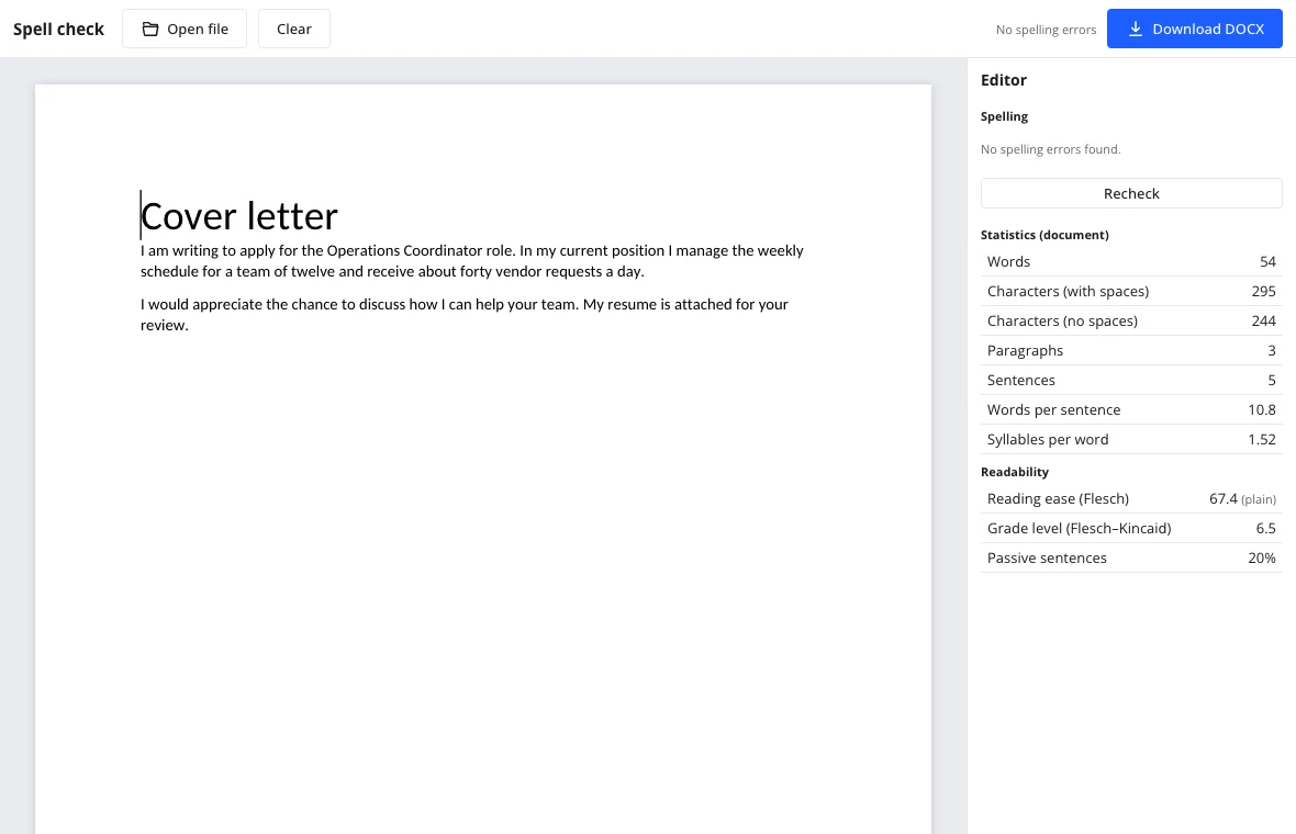 Corrected text with No spelling errors and readability statistics