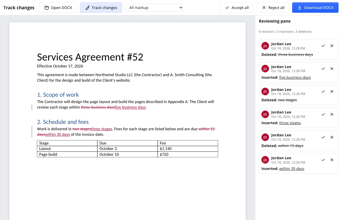Track changes online — a contract with insertions underlined and the Reviewing pane on the right