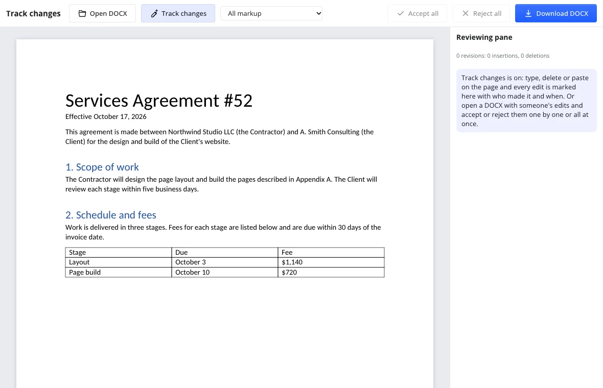 The document after Accept all — clean text and an empty Reviewing pane