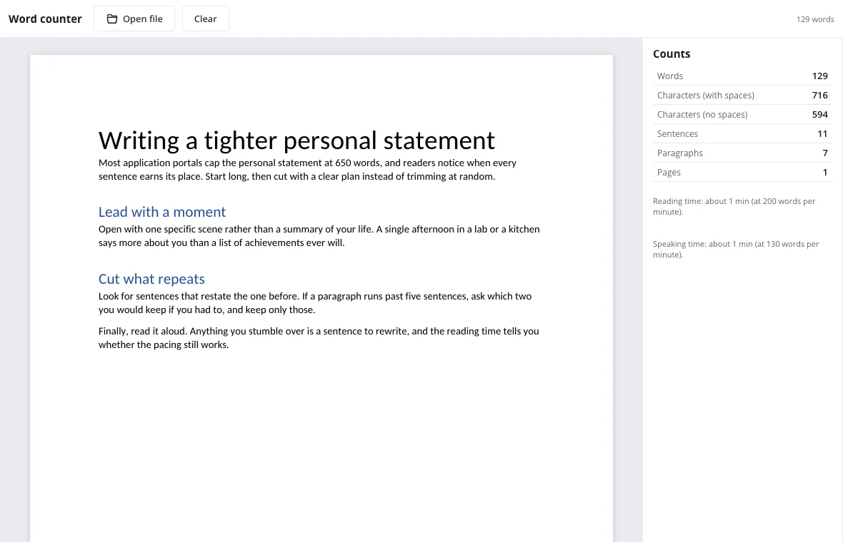 Word counter with a pasted personal statement