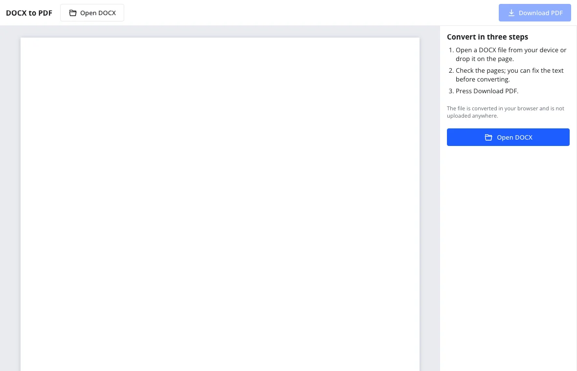 DOCX to PDF converter waiting for a file