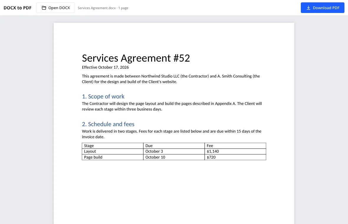 Convert a document to PDF after checking the pages